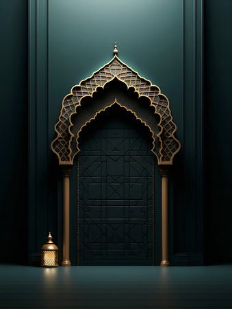 A beautiful image of an ornate Islamic archway, glowing lantern, dark green settingの写真素材