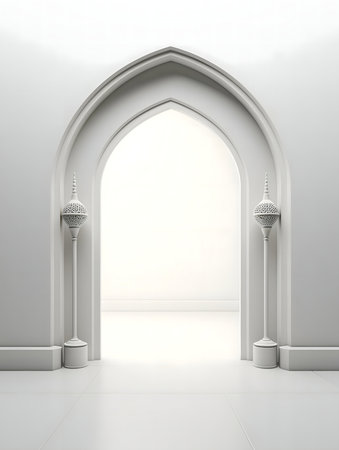 A pristine white archway, minimalist design, creates a serene atmosphere. Perfect for interior design and religious concepts.の写真素材