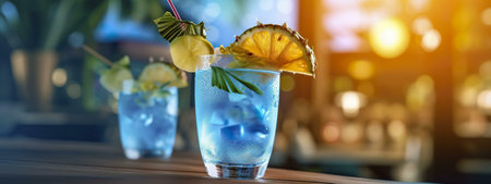 A refreshing blue lagoon cocktail garnished with pineapple and lime, at a tropical bar during sunset.の写真素材