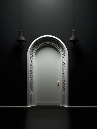 A white arched door with intricately carvings stands in a dark room, illuminated by hanging lamps. Elegant and mysterious.の写真素材