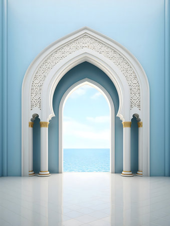 Serene ocean view through an elegant Islamic archway.の写真素材