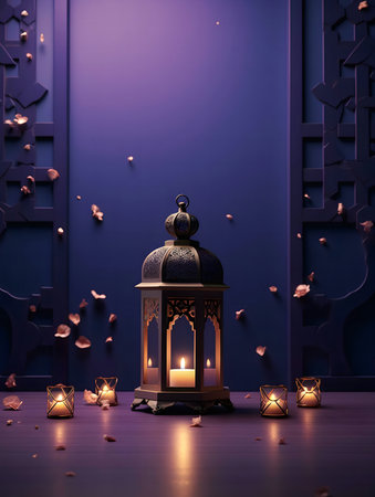 A golden lantern with lit candles, surrounded by petals, creates a serene Ramadan atmosphere.の写真素材