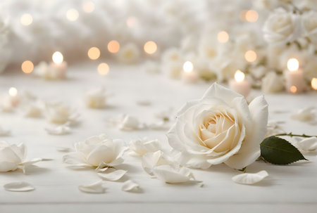A single white rose rests on petals, candles softly illuminate the scene. Serenity and peace are depicted.の写真素材