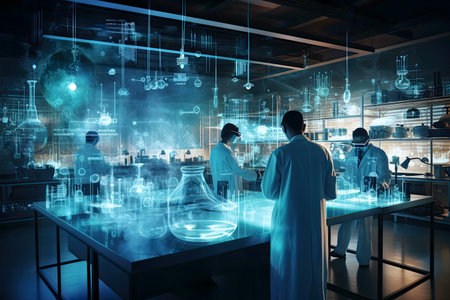 Scientists in a futuristic lab use holographic technology for research collaboration.の写真素材