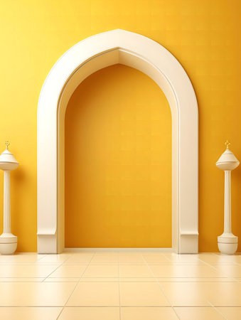 A minimalist interior design featuring a yellow wall, white archway, and ornate columns.の写真素材