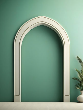 Elegant archway in a serene teal room. Minimalist interior design.の写真素材