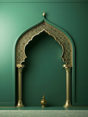Green wall with golden Islamic arch and brass potの写真素材