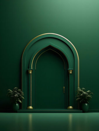 A 3D rendering of an elegant green archway with gold accents. Serene and sophisticatedの写真素材