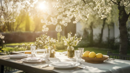 A delightful outdoor dining scene set beneath blossoming cherry trees. Sunlight filters through the branches, illuminating a table laden with plates, fruit, and elegant details.の写真素材