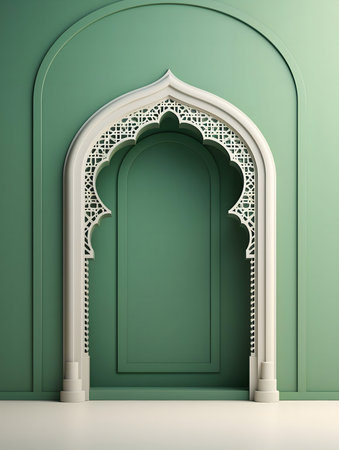 3D render of an elegant Islamic archway against a green wall.の写真素材