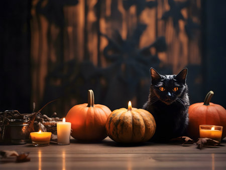 Black cat among pumpkins and candles on a wooden table. Halloween theme.の写真素材