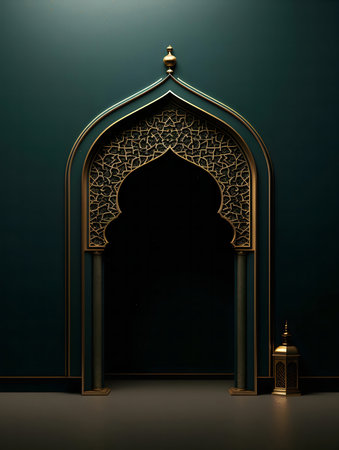 A stunning 3D render of an Islamic archway. Intricate gold design against a dark green wall, a...