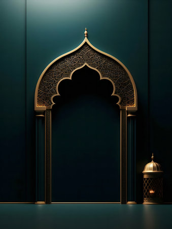 Ornate gold Islamic arch against a teal wall, Ramadan decor. A lantern adds ambiance.の写真素材
