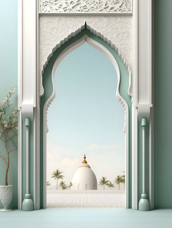 A tranquil scene viewed through an ornate archway, showcasing a serene oasis and a peaceful domeの写真素材