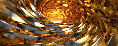 A mesmerizing digital artwork featuring a swirling vortex of gold and metallic textures. A captivating display of light and shadow.の写真素材