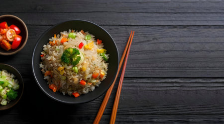 A delectable serving of vegetable fried rice, presented in a stylish black bowl.の写真素材