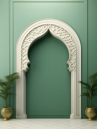 A serene room with a detailed arch and plants.の写真素材