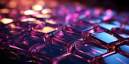 Close-up view of a vibrant abstract hexagonal pattern with purple and blue hues. Digital art.