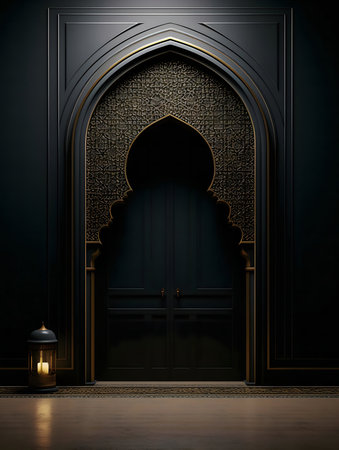 Dark, ornate archway with a grand door. Moroccan-inspired design.の写真素材