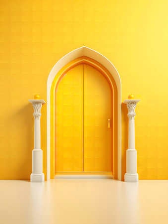 A yellow door with white columns against a yellow wall.の写真素材