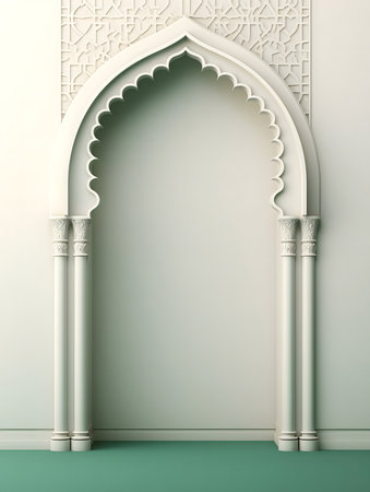 A rendering of an elegant Islamic archway, showcasing intricate details and a serene atmosphere.の写真素材