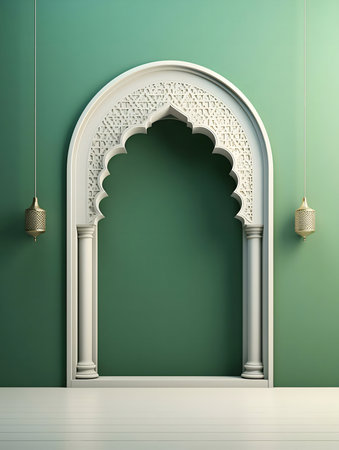 Islamic archway interior. Green walls, white arch. Elegant design.の写真素材