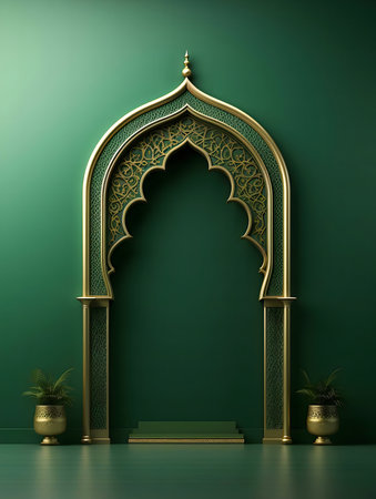 A stunning image of an ornate gold Islamic archway against a deep green background.の写真素材