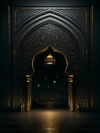A stunning image of an Islamic archway at night, showcasing intricately golden details against a rich black backdrop.の写真素材