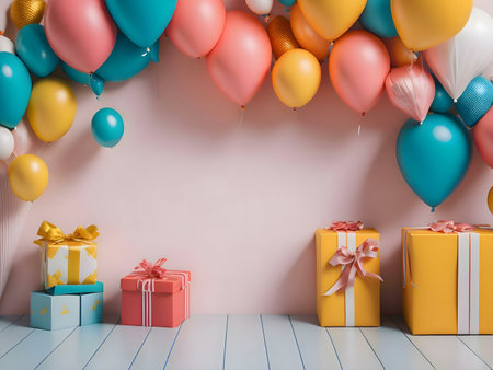 Pastel balloons and gifts create a festive birthday backdrop.の写真素材