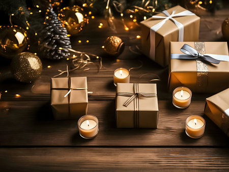 Christmas gifts and candles create a warm atmosphere.の写真素材