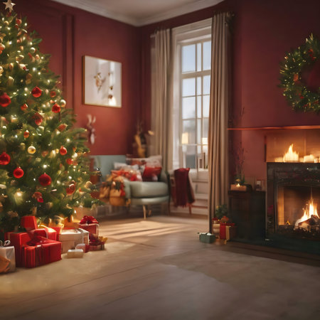 A beautifully decorated Christmas living room with a lit fireplace and a large Christmas tree filled with gifts.の写真素材