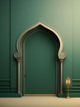 Serene green room with an ornate golden archway and a standing lantern.の写真素材