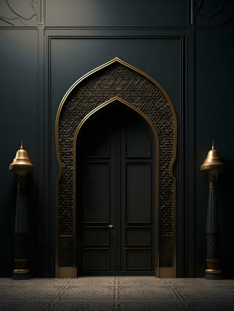 Dark, elegant interior with a golden arched doorway. Rich details and opulent design.の写真素材