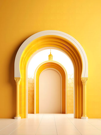 A digitally rendered image showing a grand, golden archway with intricately Islamic architectural details. The serene atmosphere is enhanced by the dominant yellow hue.の写真素材
