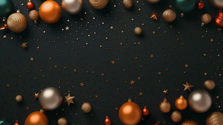 Dark background with elegant gold, bronze and silver christmas ornaments. Festive holiday design.