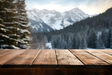 A wooden table in front of a breathtaking winter mountain scene. Perfect for showcasing products.の写真素材