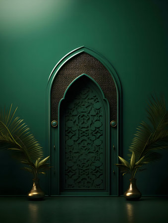 A serene green interior with an ornate carved archway and golden vasesの写真素材