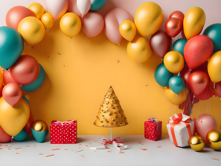 A vibrant scene of colorful balloons, festive gifts, and a unique Christmas tree. Perfect for holiday greetings.の写真素材