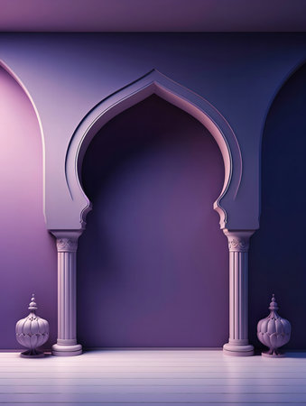 A 3D render of a serene Islamic-inspired interior with arches and columns. Purple tones create a peaceful atmosphere.の写真素材