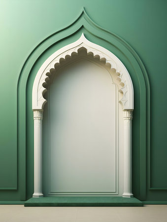 A serene image showcasing an elegant Islamic archway in calming green and white hues.の写真素材