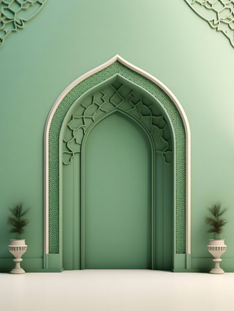 Serene green interior with an ornate Islamic archway.の写真素材
