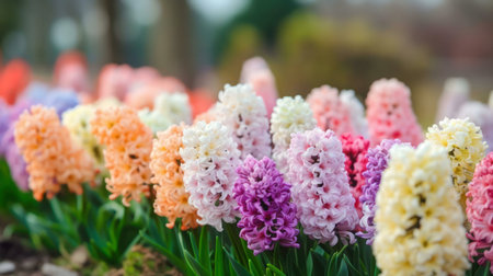 Vibrant hyacinth flowers in full bloom. A colorful array of pastel shades fills a garden scene.の写真素材