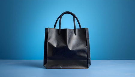 A sleek black shopping bag sits on a blue surface. Minimalist and stylish.の写真素材