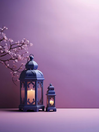 Two lanterns glowing softly against a purple background, accompanied by delicate pink blossoms.の写真素材