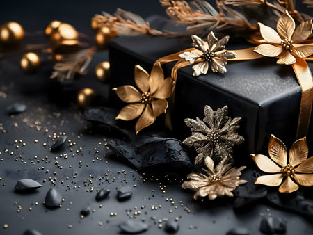 A luxurious black gift box adorned with gold accents and flowers. Festive and elegant.の写真素材