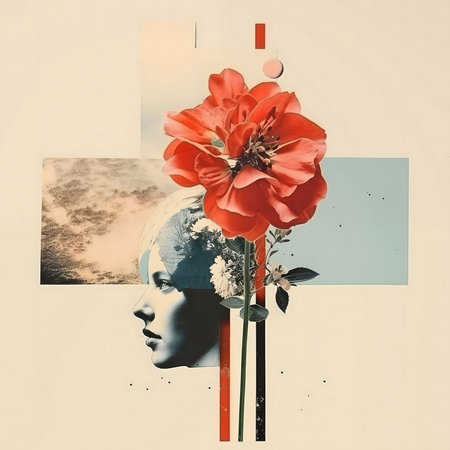 Surreal collage featuring a woman's profile adorned with a vibrant red flower, symbolizing inner...