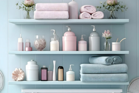 Pastel-toned bathroom shelves with neatly arranged towels, bottles, and flowers. A serene and organized space.の写真素材