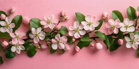 Delicate pink blossoms arranged on a pink background. Perfect spring image.