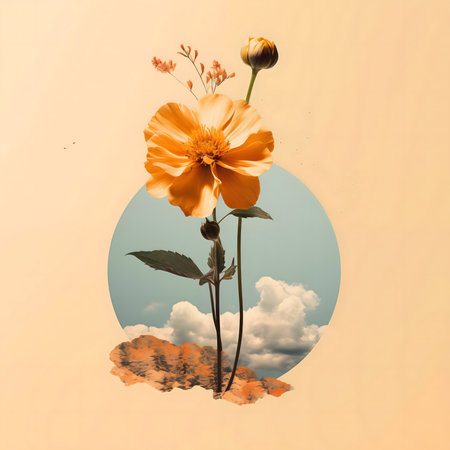 Surreal collage featuring a vibrant orange flower against a pastel background with clouds.の写真素材