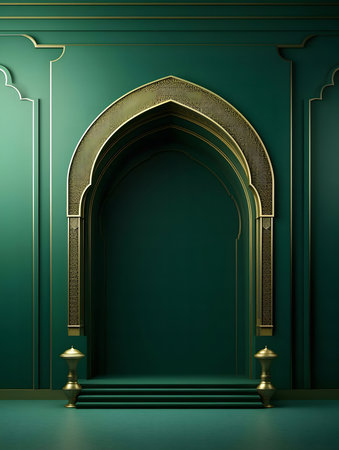 Green and gold Islamic archway interior. Elegant and serene.の写真素材